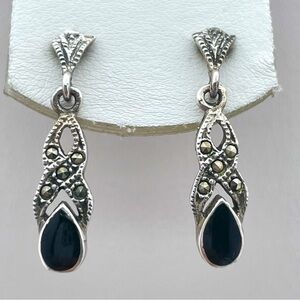 Sterling Silver 925 Marcasite & Onyx Drop Earrings Vintage Style
